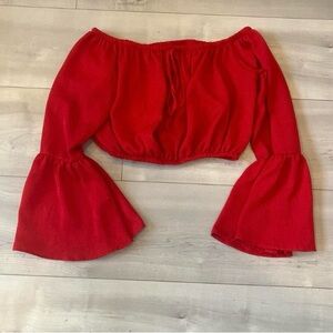 Vibrant Red off the shoulders crop top with Flared sleeves in size Large